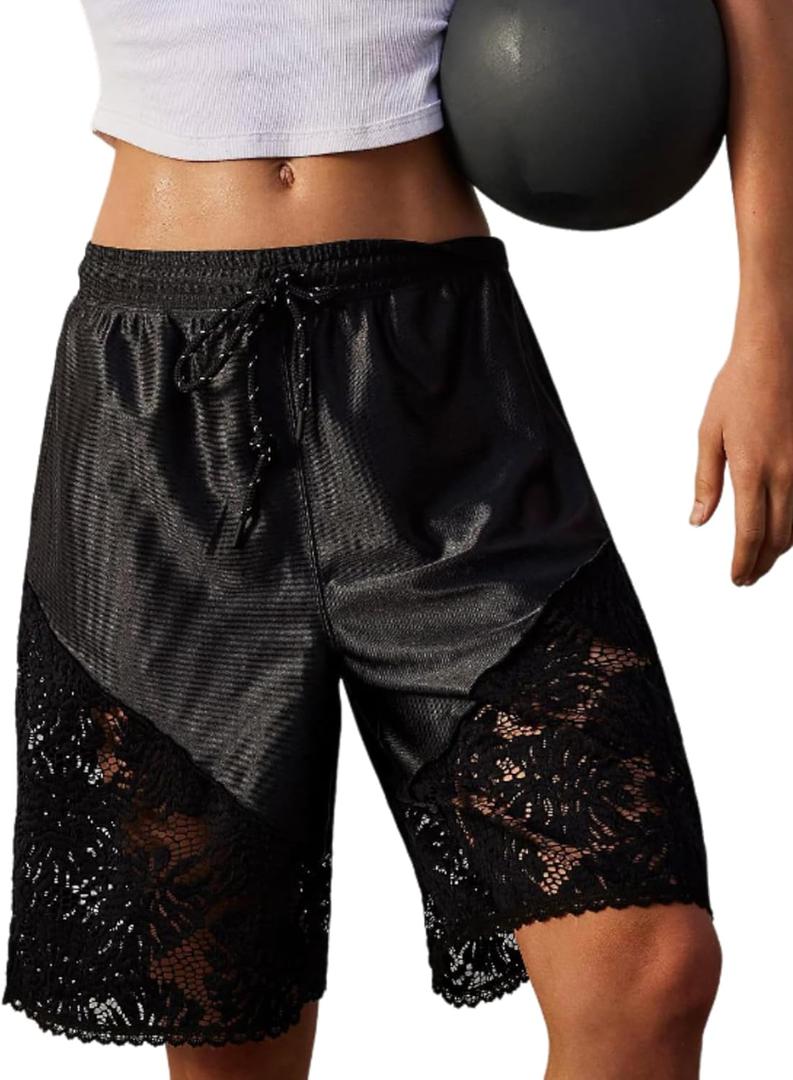 Vhitler Lace Satin High Waisted Bermuda Shorts Cute Basketball Shorts Y2k (Medium, Black)