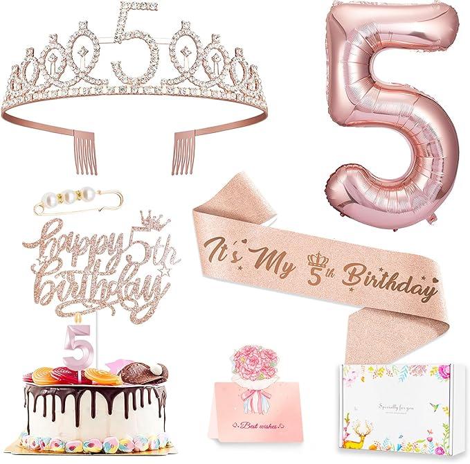 5th Birthday Decorations Girl, Including 5 year old Birthday Cake Topper, Queen Sash with Pearl Pin, Sweet Rhinestone Tiara Crown, Number Candles and Balloons Set, Rose Gold