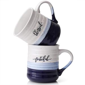 DOWAN 20 oz Coffee Mugs, Large Mugs with Word Blessed Grateful, Porcelain Coffee Cup, Thank You Gifts for Mom Dad, Set of 2 (Blue, White)