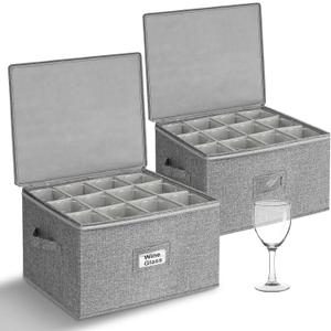 punemi Wine Glass Storage Box, Glassware Storage Containers w/Hard Shell Side Bottom Support & Padded Dividers, Stackable Stemware Storage Case for 24 China Crystal Glasses Drinkware, Moving Supplies