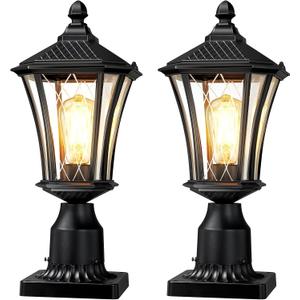 YSN Outdoor Post Lights 2 Pack, 16" Lamp Post Light Fixture, Black Pole Lights Outdoor, Waterproof Lamp Posts Outdoor Lighting with Pier Mount Base, Anti-rust Post Lamps for Outside Yard Garden Garage