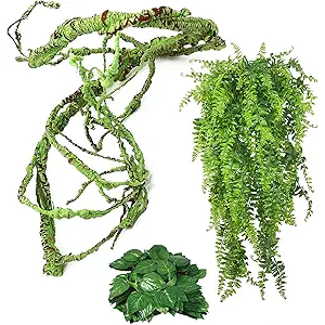 Kathson 3 PCS Reptile Vines Plants Flexible Bendable Jungle Climbing Vine Terrarium Plastic Plant Leaves Pet Tank Habitat Decor for Bearded Dragons Lizards Geckos Snakes Frogs and More Reptiles