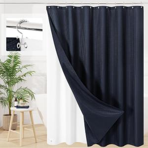 3 in 1 Navy Blue Shower Curtain Set with PEVA Liner & 12 Hooks, 72 x 72 | Fabric shower curtain, modern hotel style, contemporary bathroom decor, standard shower space