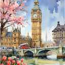 London Scene Paint by Numbers Kit for Adults - DIY Big Ben and Cherry Blossoms with Red Bus Painting on Canvas, Acrylic Paint Set for Beginners, Art for Home Decoration or Gifts(16X20IN Framed)