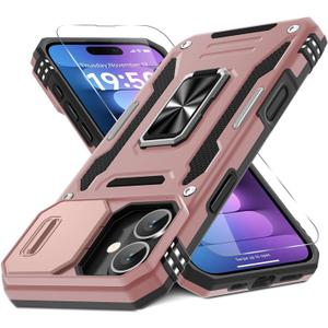 DEERLAMN Case for iPhone 16 Plus with Slide Camera Cover+Screen Protector (1 Pack), Rotated Ring Kickstand Military Grade Shockproof Protective Cover-Rose Gold
