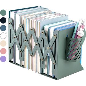 Kingsmile Book Ends, Adjustable Bookends for Shelves, Metal Bookends for Heavy Books, Book Stopper Organizer with Pen Holder for Desk, Kids Room, Office, Classroom, Library, Study Room. (Green)