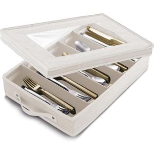Flatware & Utensil Storage, Durable Silverware Storage Box with Padded Dividers, 5 Compartment Flatware Storage Case, Silverware Case with Handles, Protects and Organizes Cutlery, Cream