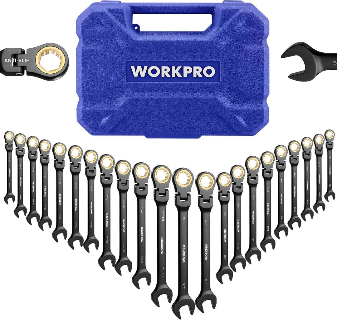 WORKPRO 22-piece Ratcheting Wrench Set with 180 Flex Head, Anti-Slip Tooth, Combination Wrench Sets with Organizer Box, Metric 6-18mm & SAE 1/4-3/4", Black Electrophoretic Coating