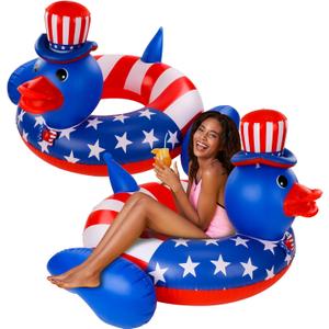 Karenhi 2 Pack 4th of July Giant Duck Swimming Ring American Flag Large Duck Inflatable Floating Pool Adult Inflatable Hammock Row Fun Pool Float for Independence, Memorial, Veterans Day Beach Party Karenhi 2 Pack 4th of July Giant Duck Swimming Ring American Flag Large Duck Inflatable Floating Pool Adult Inflatable Hammock Row Fun Pool Float for Independence, Memorial, Veterans Day Beach Party