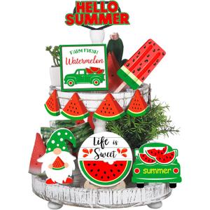 Yalikop 11 Pieces Summer Hawaii Tiered Tray Decor Set Summer Wood Sign Beach Sunshine Tiered Tray Decorations for Beach Home Table Shelf(Watermelon Style)