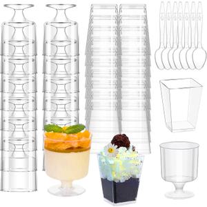mwellewm 300 Packs Dessert Cups with Spoons, 5 OZ Mini Clear Plastic Dessert Parfait Cup for Party, Square Dessert Shot Glasses Round Goblet Small Reusable Fruit Ice Cream Pudding Appetizer Cup Bowls