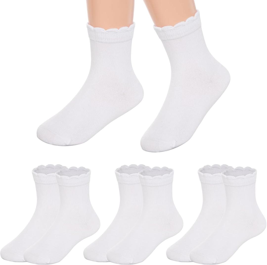 3 Pack Girls White Ruffle Dress Short Socks, Cute Scallop Frilly School Uniform Cotton Crew Ankle Socks (White, M)