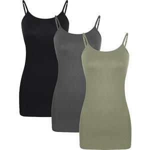 WILLBOND 3 Pieces Women Basic Long Tanks Adjustable Spaghetti Strap Camisole Top, Black, Dark Grey and Green,  Size M