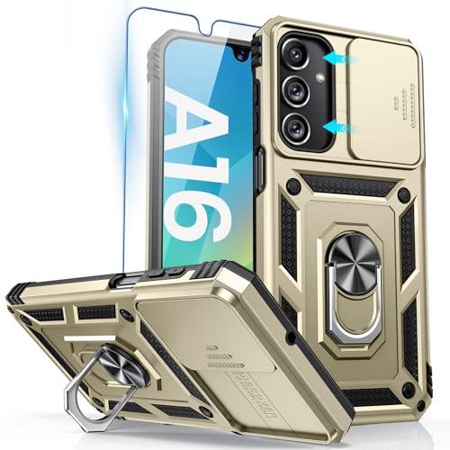 Goton Compatible with Samsung Galaxy A16 5G Case with Camera Cover & Kickstand Ring with Tempered Glass Screen Protector, Military Grade Shockproof Protective Bumper Cover Gold