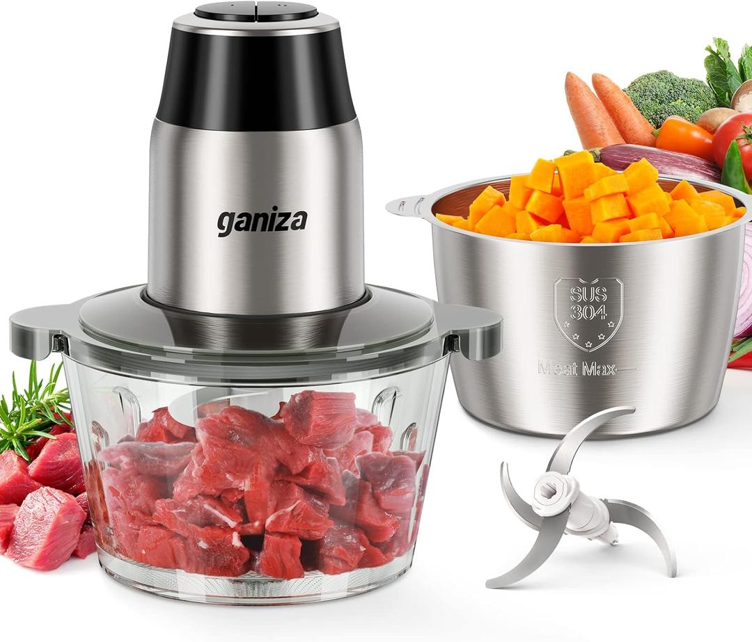 GANIZA Food Processors, Electric Food Chopper with Meat Grinder & Vegetable Chopper - 2 Bowls (8 Cup+8 Cup) with Powerful 450W Copper Motor - Includes 2 Sets of Bi-Level Blades for Fruits/Meat/Nuts (Black)