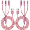 Multi Charging Cable, 3 in 1 Charging Cord for Multiple Devices, USB Cable Universal Charger with Type-C/IP/Micro USB for iPhone17-12/Android/Pad and More, Car Charger Travel Essentials(2Packs 4FT) (Pink)