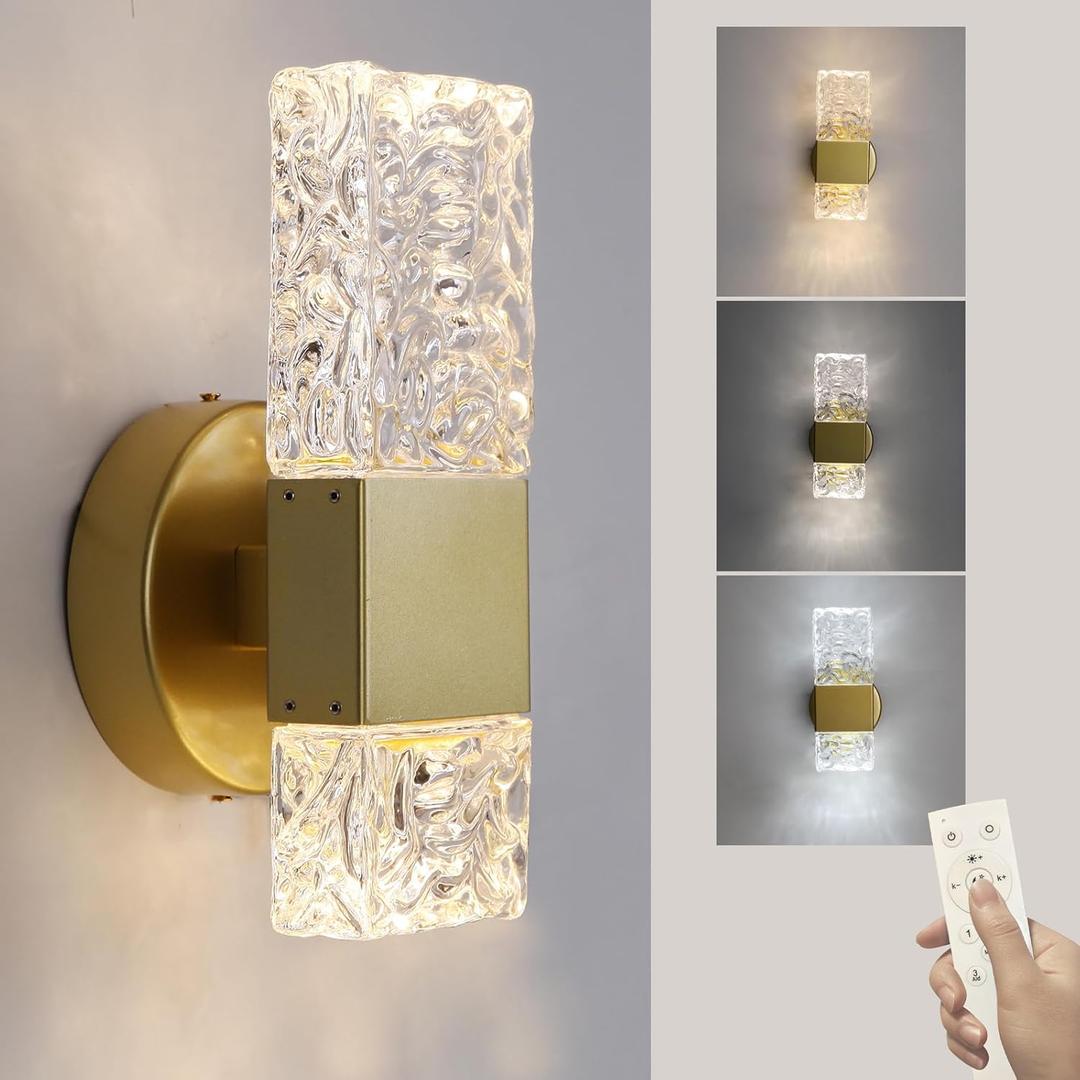 HuisMier Gold Wall Sconces, Hardwired Indoor Wall Light Fixtures with Remote, 3000K-6000K Dimmable LED Crystal Wall Lamp for Bedroom Living Room Bathroom Stairway Hallway