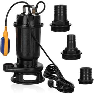 1 HP Sewage Grinder Pump, 4200 GPH Heavy Duty Cast Iron Waste Water Ejector with Cutting Blade, Auto Float Switch, Multi Size 2/1.5/1 Inch Discharge Ports for Basement Sump Basin & Sewage Well
