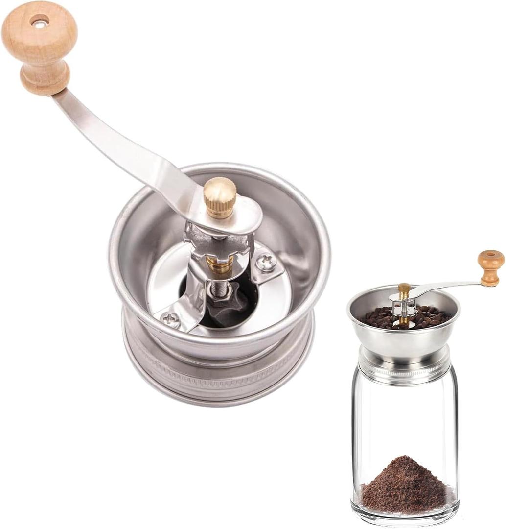 Manual Coffee Grinder Lid Attachment for Regular Mouth Mason Jars, Stainless Steel with Ceramic Burr, Ideal for Camping & Home Barista