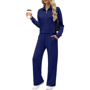XIEERDUO Lounge Sets for Women 2025 Sweatsuit 2 Piece Outfits Sweatshirt Wide Leg Sweatpant Tracksuit Matching Set (XX-Large, Navy Blue)