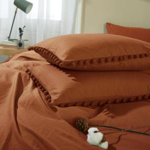 Burnt Orange Standard Size Pillow Shams Set of 2, Boho Pom Fringe Pillowcases, Cute Ball Tassel Trimmed Pillowshams, 20x26 Inch
