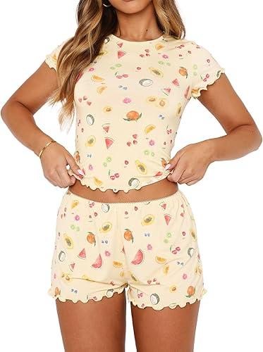 Women Y2k Pajamas Set Cute Preppy 2PCS Button Down Holiday Monkey Shorts Summer Outfit Beach Vacation Loungewear Pjs, Size Small