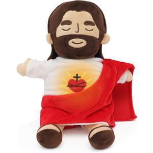 Officially Jesus Plush Breathing Soothing Stuffed Animal Heart of Jesus Toy Savior Doll for Church Sunday School Religious Easter Gift (Brown)