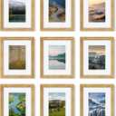 YESKAY 8x10 Picture Frame Set of 9, Display Pictures 5x7 with Mat or 8 x 10 Without Mat, Multi Photo Frames for Wall Mounting or Table Top Display, Natural Oak