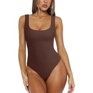 REORIA Women's Sexy Scoop Neck Sleeveless Bodysuit Backless Double Lined Tank Tops (Coffee) XL