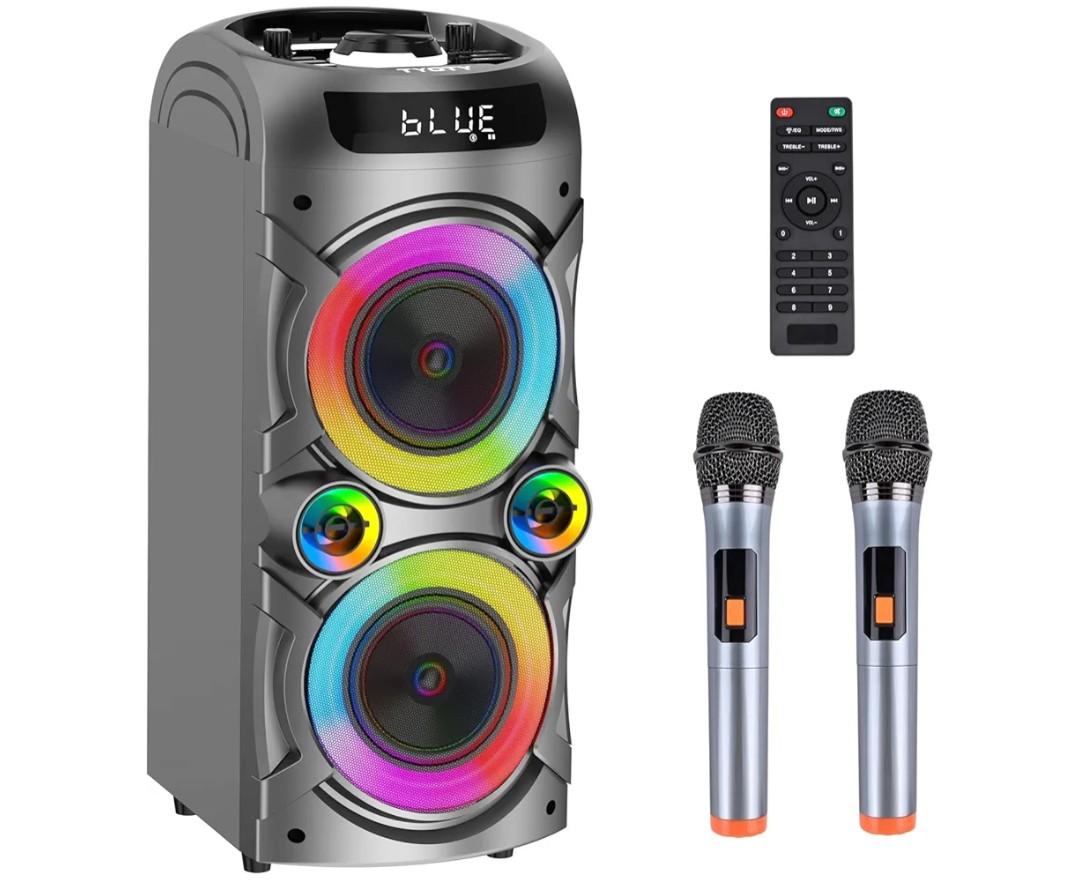 Karaoke Machine with 2 Wireless Microphones, Portable PA System Big Bluetooth Speaker with LED Lights, Remote Control Support Bass/Treble Adjustment, TF Card/USB, REC for Adult Kids Home Party