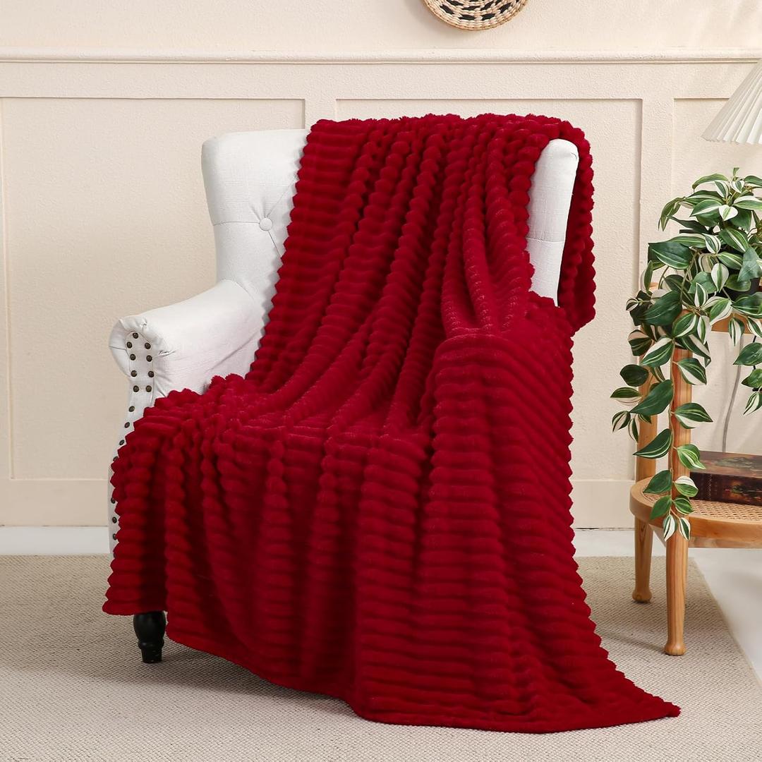 Linecooo Red Fleece Throw Blanket 50”×70” for Couch Sofa Bed, Super Soft Cozy Plush Microfiber Flannel Blanket with Stripes Design Lightweight for Adults, Woman, Girls