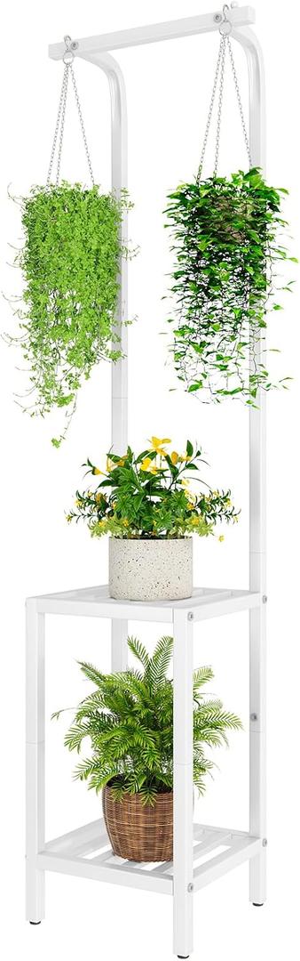 IBUYKE 67 Inch Tall Plant Stand Indoor Outdoor, 3 Tier Metal Hanging Plant Shelf for Multiple Plant, Heavy Duty Plant Holder Flower Stand for Living Room Patio Balcony Garden, White TMJ076W