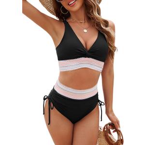 Edelqual Women High Waisted Bikini Sets Tummy Control Swimsuits Two Piece Bathing Swim Suits Summer Beach Swimwear (Large, Black)