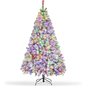 6ft Prelit Snow Flocked Christmas Tree, Artificial Christmas Trees with 250 Multicolored & Warm White Lights, Xmas Pine Tree for Holiday Home, Office, Party Indoor Outdoor Decoration