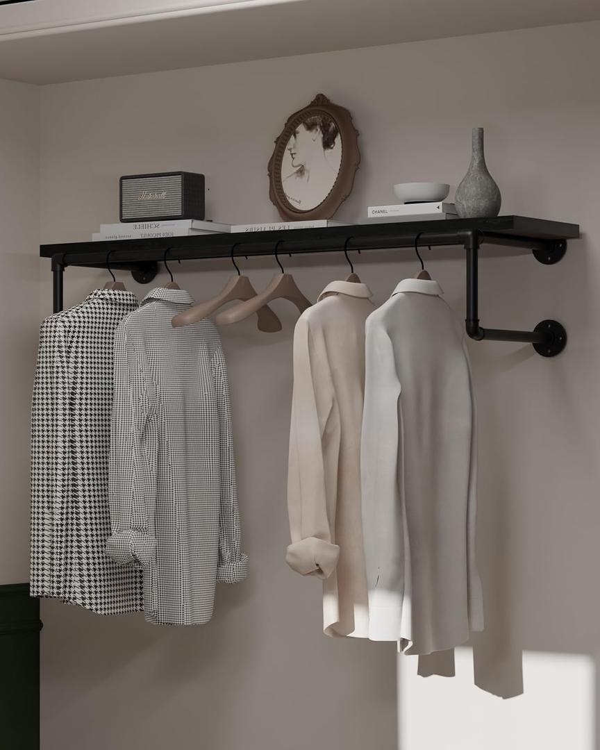 Clothes Rack 42in, Wall Mounted Garment Racks with Real Black Wood Shelf, Heavy Duty Hanging Clothes Rack, Multi-Purpose Hanging Rod, Space-Saving Closet Storage