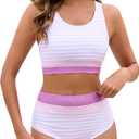 Women's High Waisted Bikini Sets Two Piece Swimsuit Color Block Sporty Athletic Moderate Coverage Bathing Suits, M