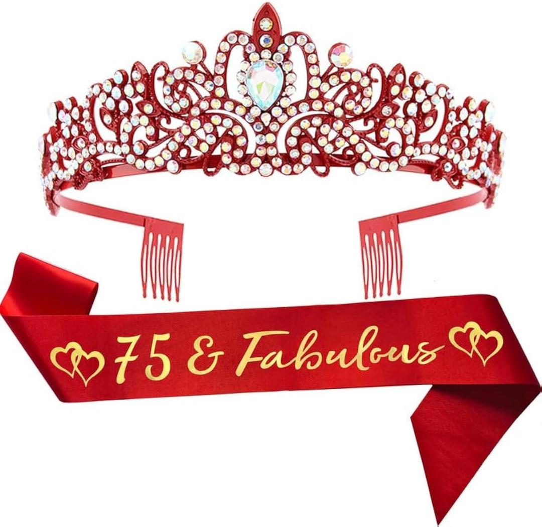 75th Birthday Sash and Tiara for Women Red 75 Fabulous Birthday Decorations Happy Birthday Party Favor Supplies Gifts for Her (One Size)