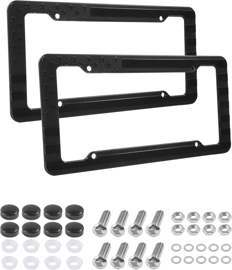 SCUARI 2PCS License Plate Frames,Car Accessories Licence Plate Frame Holder,Embossed 3D Black American Flag License Plate,Used to Front and Rear Car Tags,Suitable for Cars,Trucks,Vans and SUVs