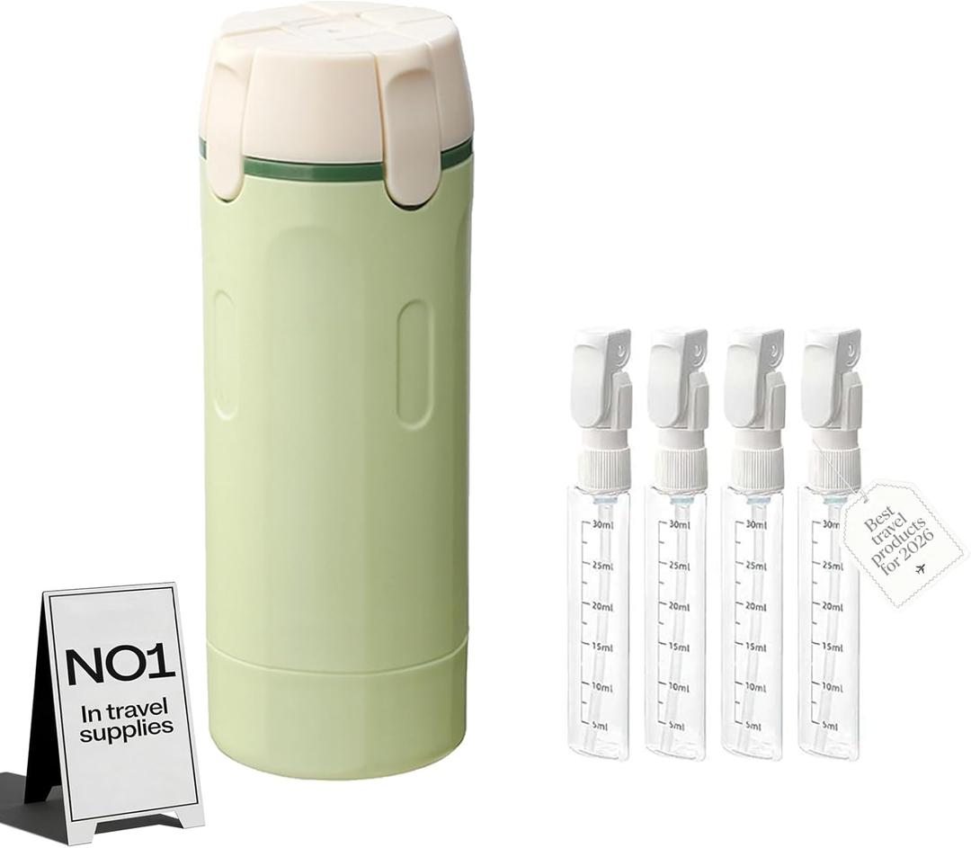 4 in 1 Travel Dispenser Bottle for Flying Essentials Camping Toiletries Pump Leak Proof Size Portable Containers for Shampoo Lotion Creams Body Wash Conditioner Refillable Attached Label (Green)