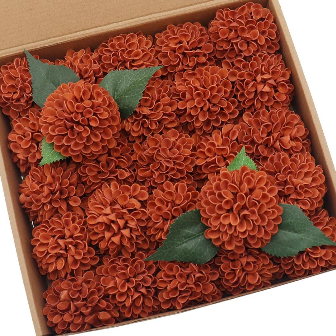 D-Seven Artificial Flowers Burnt Orange Dahlia Flowers 25 pcs Fake Roses w/Stem for DIY Wedding Bouquets Floral Centerpieces Arrangements Baby Shower Cake Flower Decor