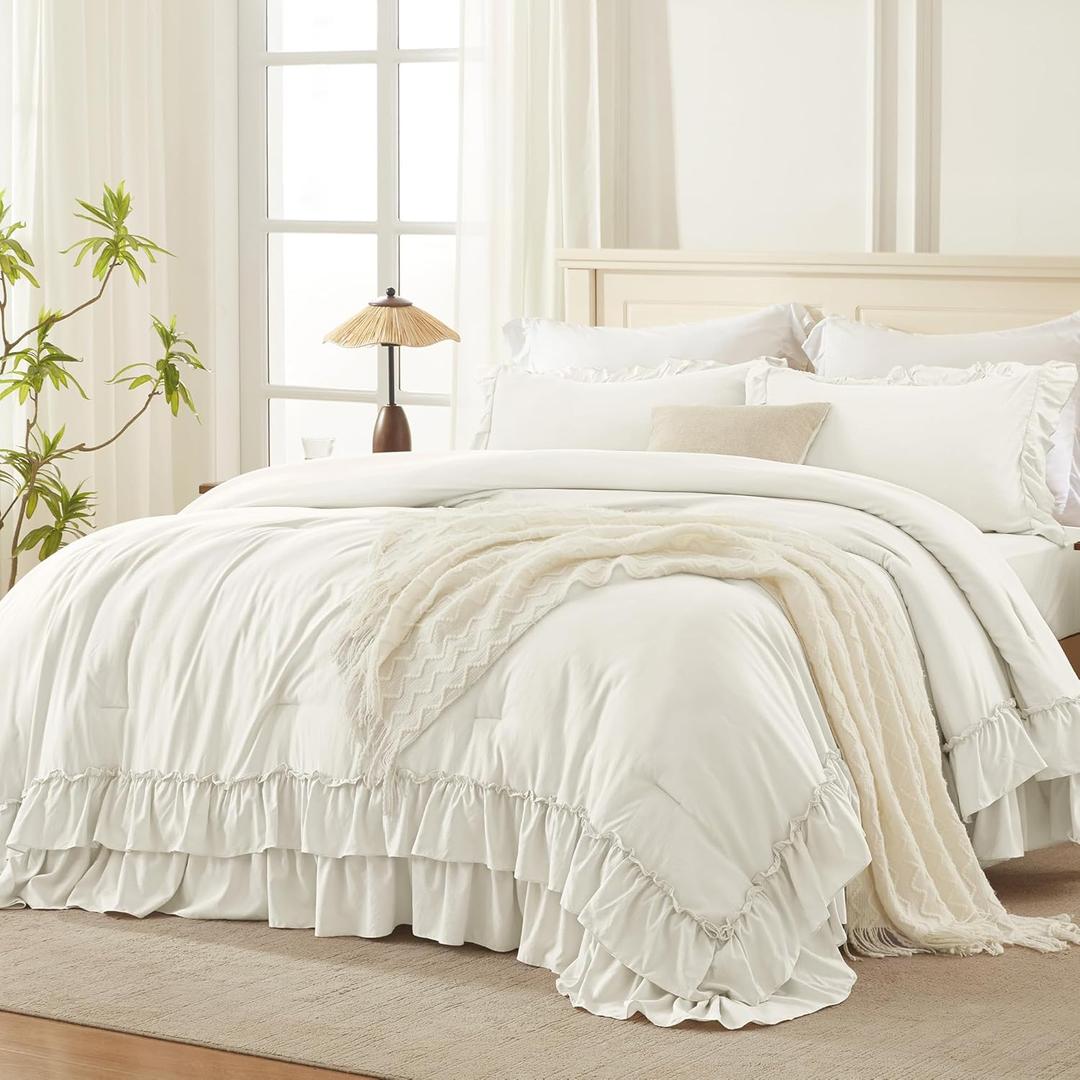 Andency Ivory Comforter Set Queen Size, Lightweight Fluffy Farmhouse Ruffle Bedding Set, Soft Polyester All Season Shabby Chic Bed Comforter Set 3 Pieces(1 Comforter 2 Pillowcases)