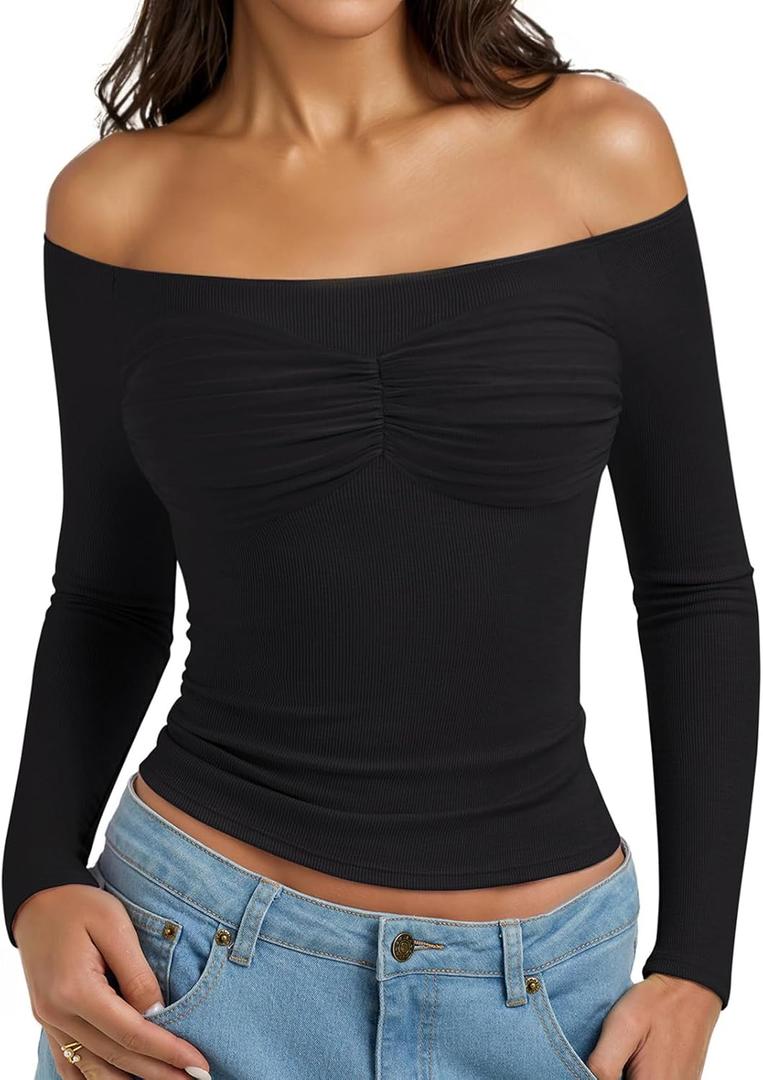 PINKMSTYLE Womens Off Shoulder Long Sleeve Top Fall Going Out Tops for Date Night Club Concert Outfits (Large, Black)