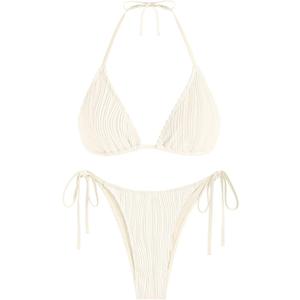 ZAFUL Triangle Bikini for Women 2 Piece Halter Bikini Sets Sexy High Cut Bathing Suit Side Tie Wave Textured Swimsuits (Large, 0-wave-beige)