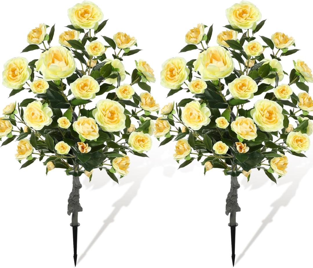 Lunmon 2 Pack 3ft Artificial Camellia Plants Tree 36" Faux Camellia Flower with Spike UV Resistant Realistic Fake Floral Blooming Bush for Indoor Outdoor Front Door Porch Backyard Garden, Yellow