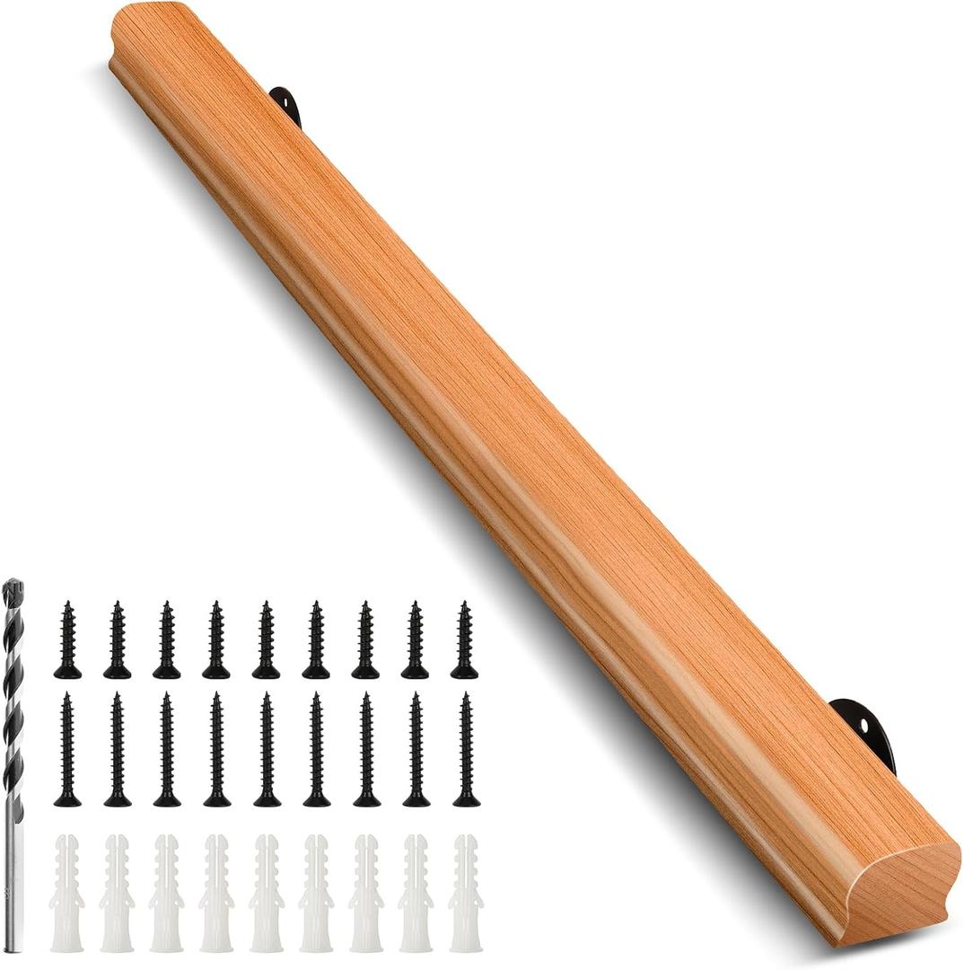3FT Solid Wood Stair Handrail for Indoor Stairs, Outdoors Stair Railings, Sturdy Wall Mounted Non-Slip Safety Design, Elderly-Friendly & Child-Safe, with Banister Hardware and Brackets