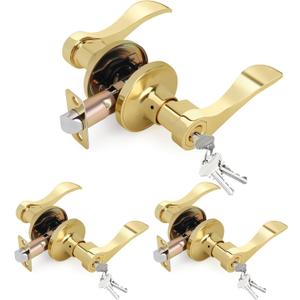 Wave Style Door Lever Keyed Entry Door Handle with Lock, 3 Pack Wholesale Keyed-NOT-Alike Entrance Lever, Reversible for Left/Right Handed for Office or Front Door with Polished Brass Finish