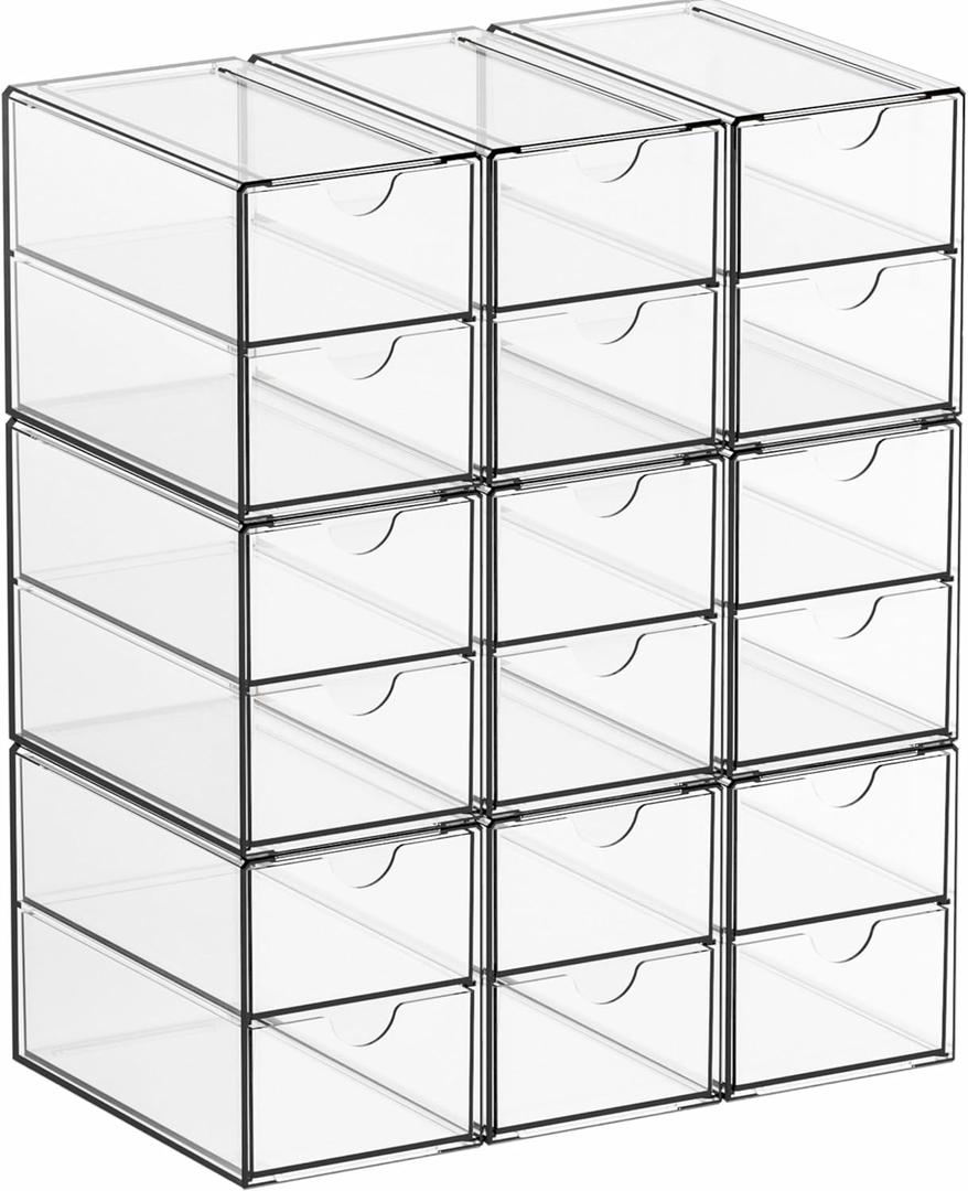Yieach 9 Pack Small Acrylic Drawers With 18 Drawers, Clear Drawer Organizers Stackable, School, Office Supplies Organizer And Storage Bins for Stationery, Pen, Pencil, Craft, Glasses, Sunglass Organizer Case (18 Drawers-3.4 In Narrow)