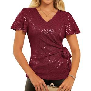 GRACE KARIN Womens Sequin Tops 2025 Ruffle Sleeve Sparkly Shirt, Glitter Party Blouses Dressy Concert Disco Outfits (XX-Large, Burgundy)