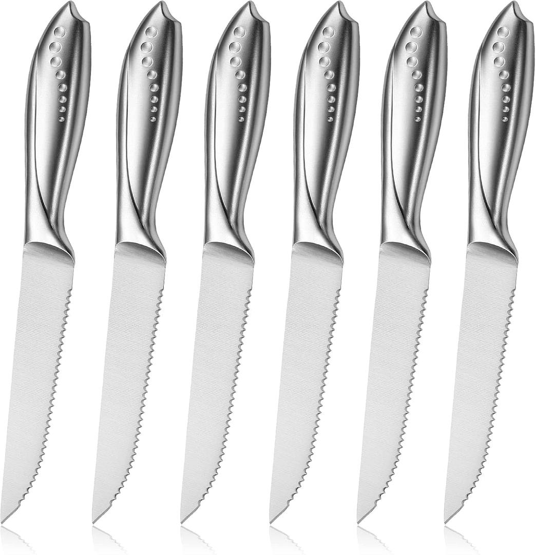 WELLSTAR Serrated Steak Knife Set of 6, Razor Sharp German Steel Blade 4.75 inch and Comfortable Stainless Steel Hollow Handle Durable Diner Table Knives Pack for Home Restaurant (Silver)