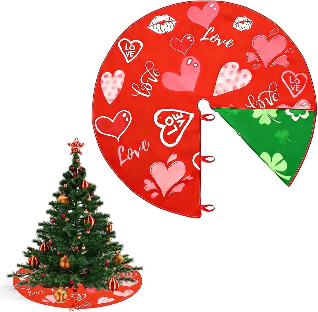 St Patricks Day Tree Skirt Decorations, Reversible Shamrock Double Sided Print Mat, 36 Inch Clover Love Heart Tree Skirts for St Patrick's Day Wedding Valentines Home Holiday Party Decor Supplies (Green and Pink)